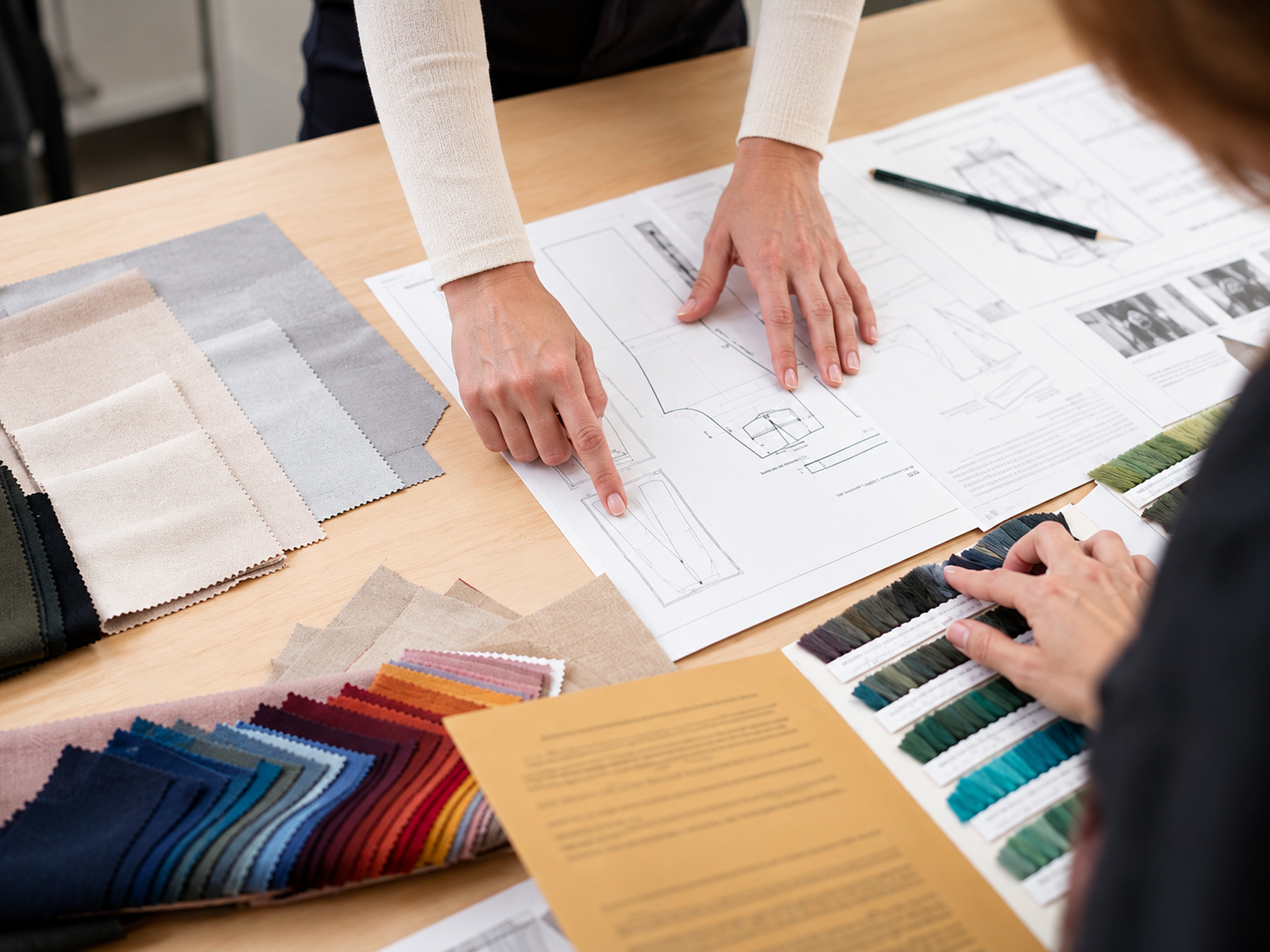 A designer actively assessing the sleeve and fit of a blue-grey garment